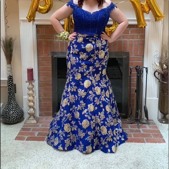 blue and gold two piece prom dress